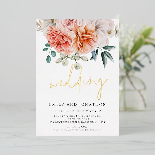コーラルピーチ牡丹花模様ス結婚クリプト 箔招待状 (立ち正面)
