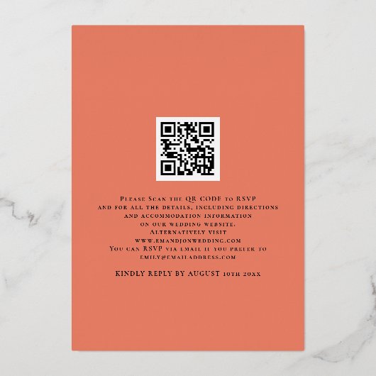 コーラルピーチ牡丹花模様ス結婚クリプト 箔招待状 (裏面)