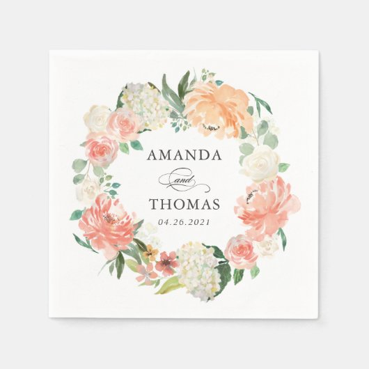 コーラルピーチ赤面フローラ結婚リース スタンダードカクテルナプキン (正面)