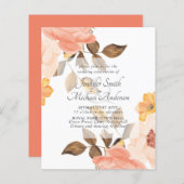 コーラルピーチ金ゴールドブロンズフローラ結婚式招待状 (正面/裏面)