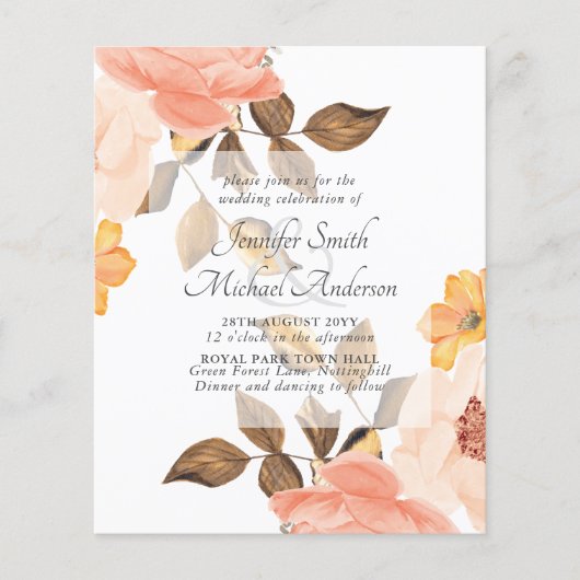 コーラルピーチ金ゴールドブロンズフローラ結婚式招待状 (正面)