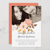 コーラルピーチ金ゴールドブロンズフローラ結婚式招待状 (正面/裏面)