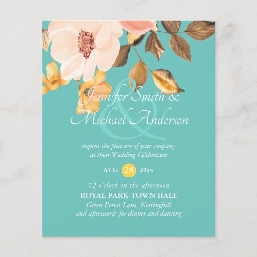 コーラルピーチ金ゴールドブロンズフローラ結婚式招待状 (正面)