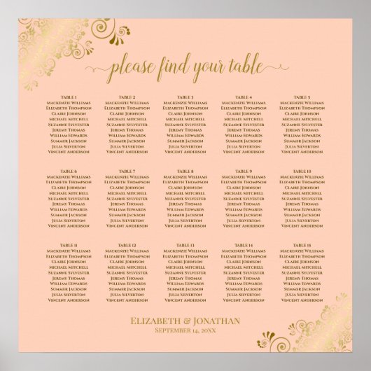 コーラルピーチ&ゴールド15テーブル結婚式着席表 ポスター (正面)