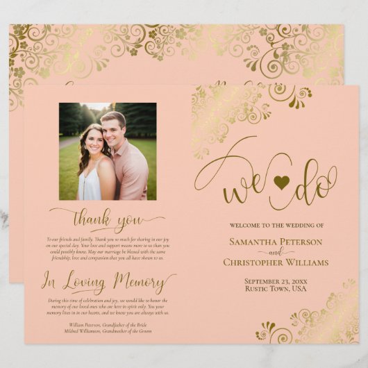 コーラルピーチ&ゴールドDIY折りたたみ式結婚式プログラム (正面/裏面)