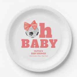 コーラルピーチ Oh Baby リボン サッカー スポーツ ベビーシャワー ペーパープレート