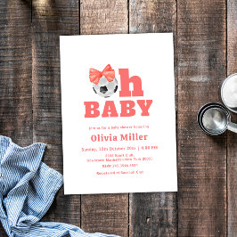 コーラルピーチ Oh Baby リボン サッカー スポーツ ベビーシャワー 招待状