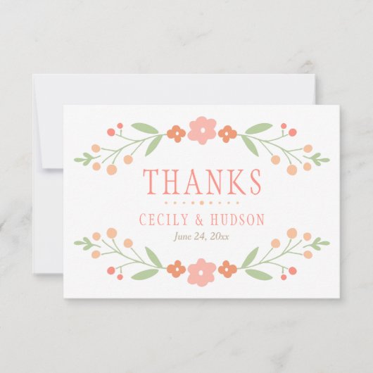 コーラルピ素朴ンクとグリーンのフローラ結婚ズ サンキューカード (正面)