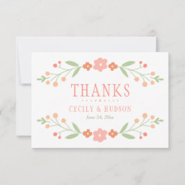 コーラルピ素朴ンクとグリーンのフローラ結婚ズ サンキューカード
