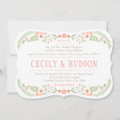 コーラルピ素朴ンクとグリーンのフローラ結婚ズ 招待状 (正面)