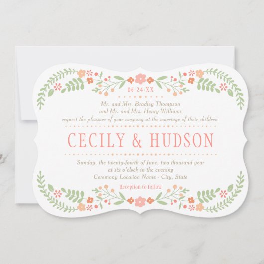 コーラルピ素朴ンクとグリーンのフローラ結婚ズ 招待状 (正面)