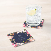 コーラルピ縁どンクフローラオンネイビー結婚ブルー スクエアペーパーコースター (インサイチュ)