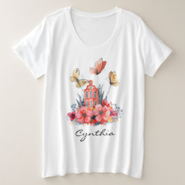 コーラルフェアユタリーハウスフラワーズ&蝶 プラスサイズTシャツ