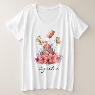 コーラルフェアユタリーハウスフラワーズ&蝶 プラスサイズTシャツ