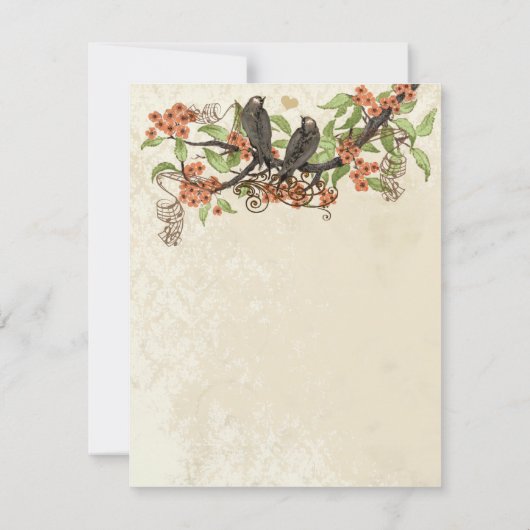 コーラルフラワーブランチヴィンテージ鳥の日付を保存 招待状 (裏面)
