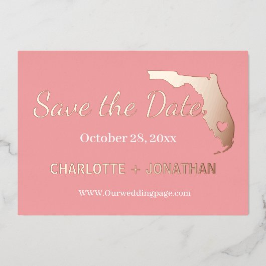 コーラルフロリダウェディングザデイトバラ金ゴールド 箔招待状 (正面)