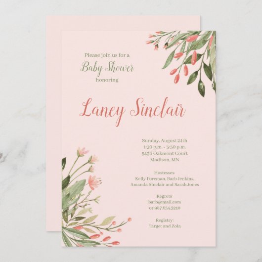 コーラルフローラコーナーベビーシャワー 招待状 (正面/裏面)