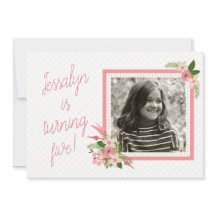 コーラルフローラフォト誕生日招待状 – 両面