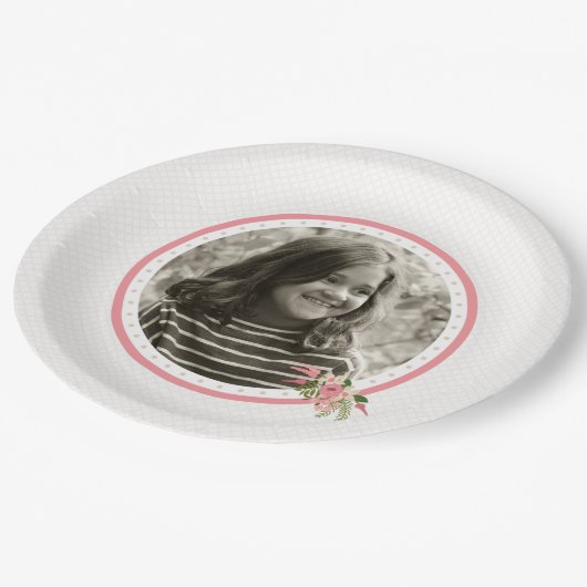 コーラルフローラフォト誕生日 ペーパープレート (アングル)