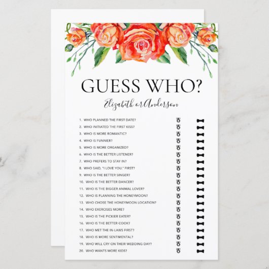 コーラルフローラ推測Whoブライダルシャワーゲーム (正面/裏面)