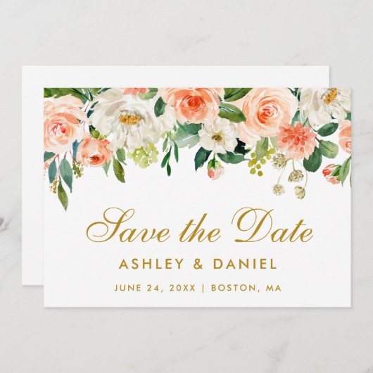 コーラルフローラ金ゴールド日付カードの保存 セーブザデート (正面/裏面)