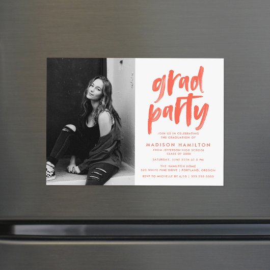 コーラルブモダンラシースクリプト写真卒業パーティー マグネット招待状