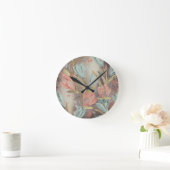 コーラルブラウンフローラコーヒーブルーアイボリー蝶 ラウンド壁時計 (ホーム)