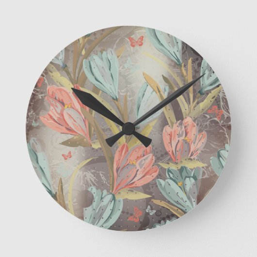 コーラルブラウンフローラコーヒーブルーアイボリー蝶 ラウンド壁時計 (正面)
