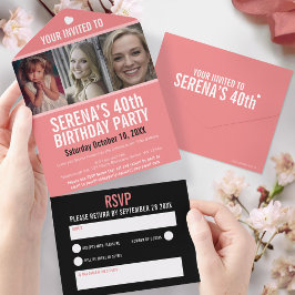 コーラルブラック3枚の写真40th Birthdayパーティー オールインワン招待状