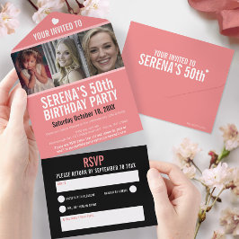 コーラルブラック3枚の写真50th Birthday party オールインワン招待状