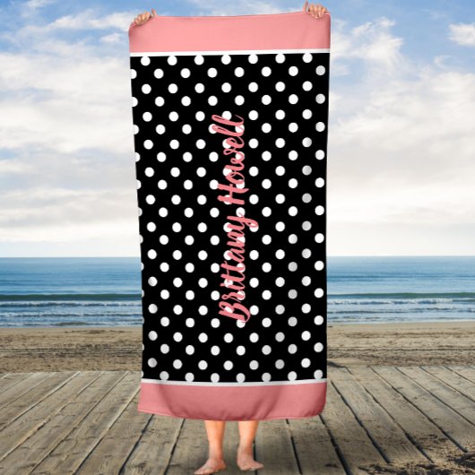 コーラルブラック&ホワイト水玉模様カスタムバスタオル バスタオル