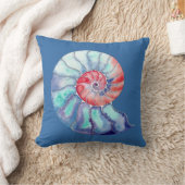 コーラルブルーとグレーオンブルーのノーチラス貝 クッション (ブランケット)