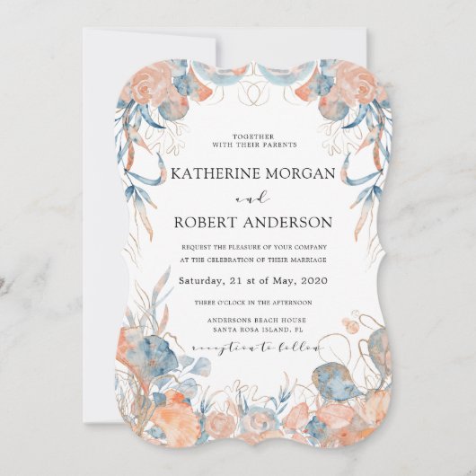 コーラルブルーのエアリーな花のロマンチックなウェディング 招待状 (正面)