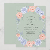 コーラルブルーのニチニチソウのリースの結婚式 招待状 (正面/裏面)