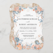 コーラルブルーの風通しの良いフローラロマン結婚チック 招待状 (正面/裏面)