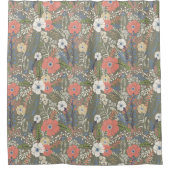 コーラルブルーエレガントグリーンフローラパッテン シャワーカーテン (正面)