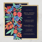 コーラルブルーゴールドフラワーズウォーターカラーブライダルシャワー 招待状 (正面/裏面)
