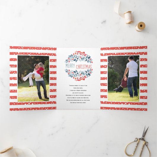 コーラルブルーベリークリスマスの休日の写真コラージュ 三つ折りクリスマスカード (内部)