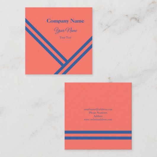 コーラルブルー対角ストライプ線モダンデザイン スクエア名刺 (正面/裏面)
