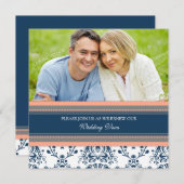 コーラルブルー結婚ダマスク写真の誓いの更新 招待状 (正面/裏面)