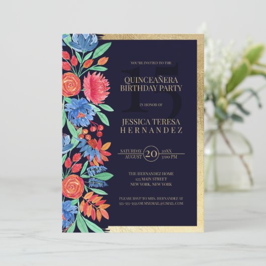 コーラルブルー金ゴールドフローラウォーターカラーキンセアニラ 招待状 (スタンド正面)