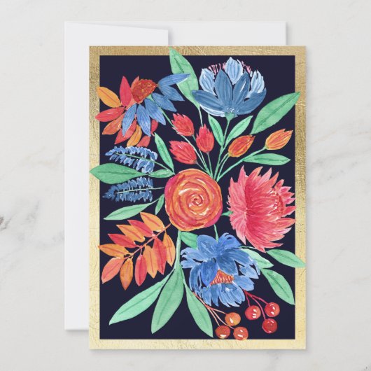 コーラルブルー金ゴールドフローラウォーターカラーキンセアニラ 招待状 (裏面)