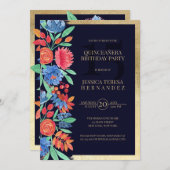 コーラルブルー金ゴールドフローラウォーターカラーキンセアニラ 招待状 (正面/裏面)