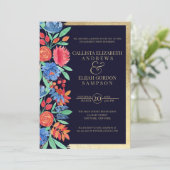 コーラルブルー金ゴールドフローラウォーターカラー婚約 招待状 (スタンド正面)