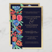 コーラルブルー金ゴールドフローラウォーターカラー婚約 招待状 (正面/裏面)