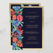 コーラルブルー金ゴールドフローラ水カラーバチェロレッテ 招待状 (正面/裏面)