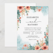 コーラルブロッサムウォーターカラー結婚フローラ 招待状 (正面/裏面)
