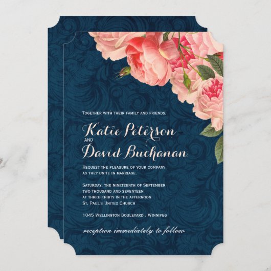 コーラルプアニオンネイビー結婚式招待状 招待状 (正面/裏面)