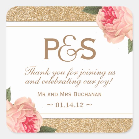 コーラルプニーと金ゴールドグリッターフェイスステッカー スクエアシール (正面)