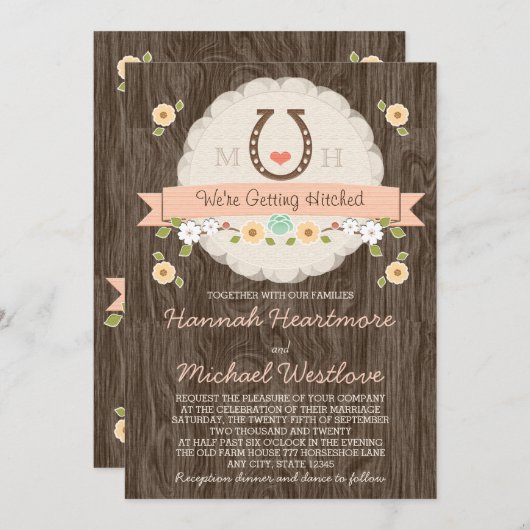 コーラルホースシューハートウェスタン結婚ズ 招待状 (正面/裏面)